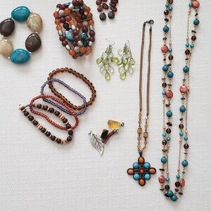 Bohemian Turquoise & Coral Beaded Necklaces, 5 Bracelets, and 2 Pair Earrings